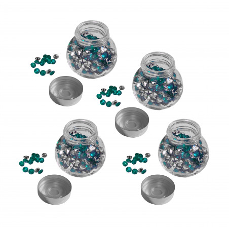 Set von 4 Glasflaschen mit Ziersteinen (grün / blau, 1920 Stück) Set von 4 Glasflaschen mit Ziersteinen (grün / blau, 1920 Stück)