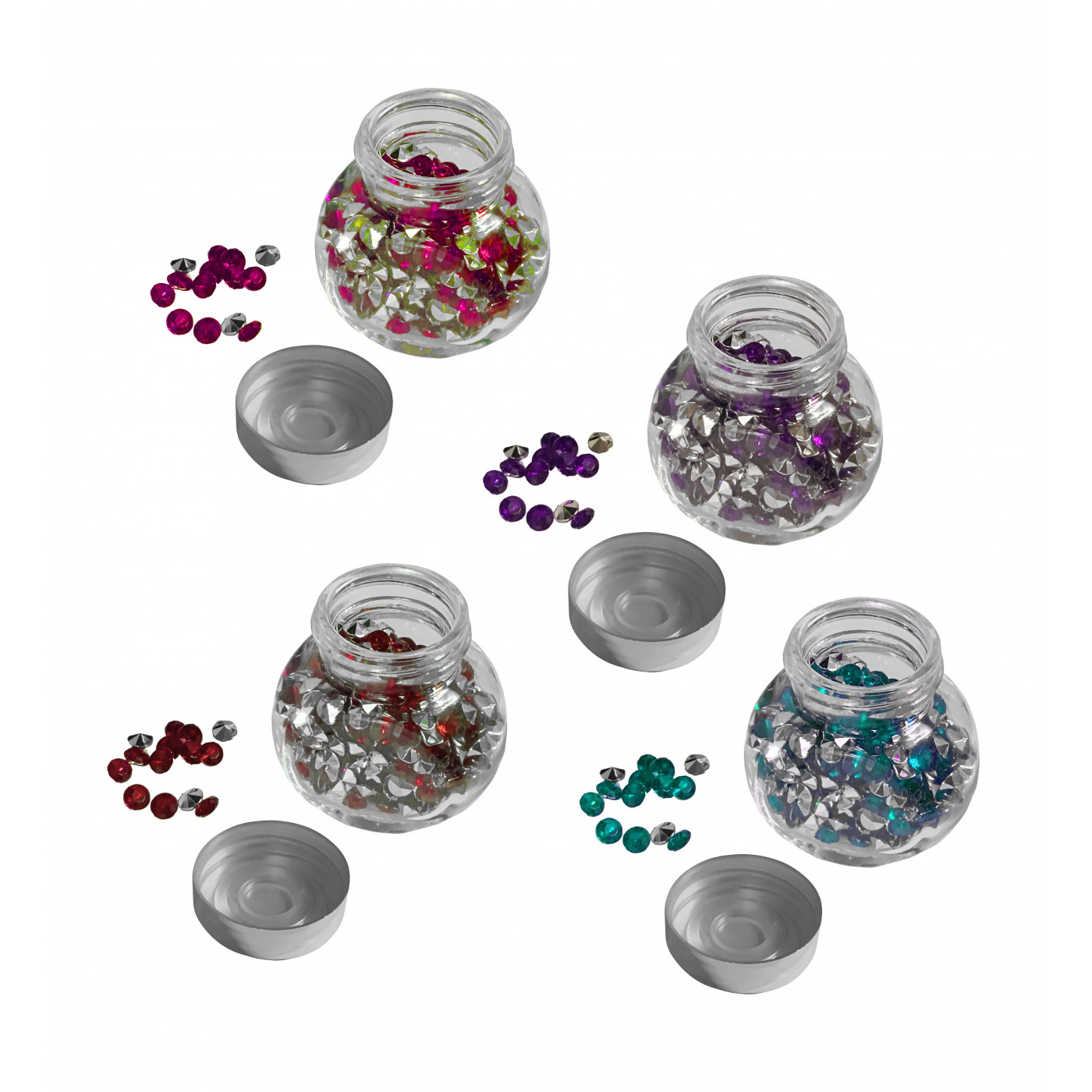 Juego de 4 botellas de vidrio con piedras decorativas (colores