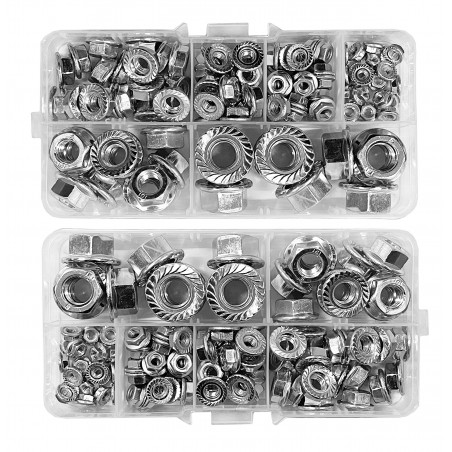 Set of 200 hex flange nuts (M3, M4, M5, M6, M8 and M10)